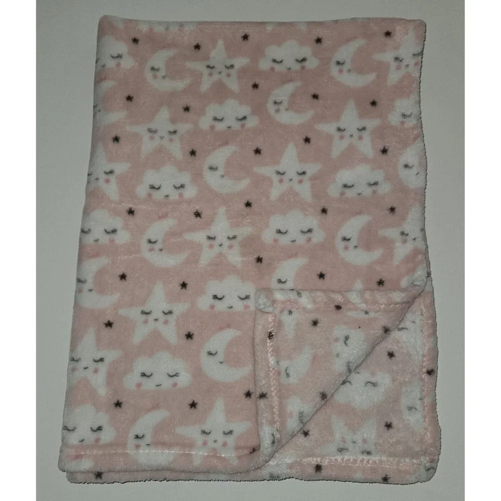 Pink White Cloud Star Moon Sleeping Fleece Baby Blanket Lovey Gray Baby Elements